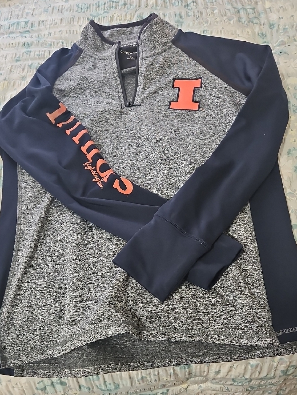 University Of Illinois Gray and Navy Heathered 1/4 Zip Pullover with Orange Logo